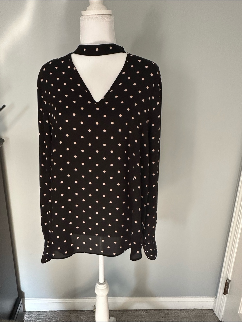 Lord & Taylor Black Long-Sleeve Polka Dot Top with Choker